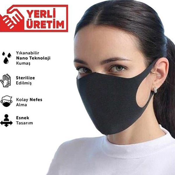 Siyah Esnek Rahatsız Etmeyen Yıkanabilir Nano Maske Dikişsiz